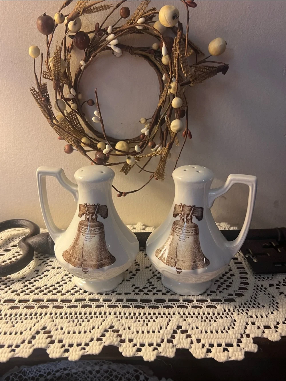 Ironstone Americana Liberty Bell brown off white salt & pepper shakers